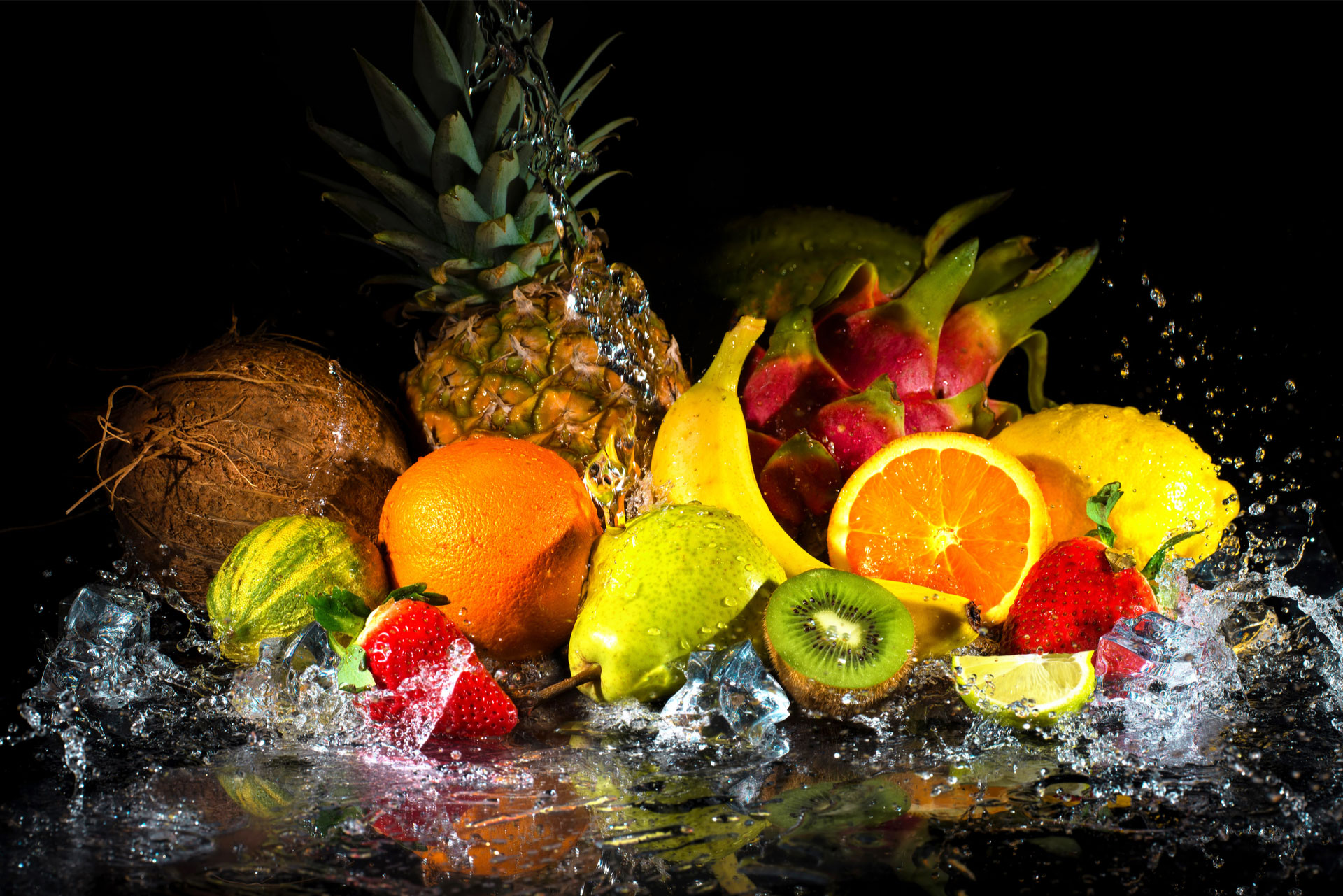 Tropic fruits: Pineapple, coconut, banana, pear, orange, strawberry, kiwi, lemon, dragon fruit